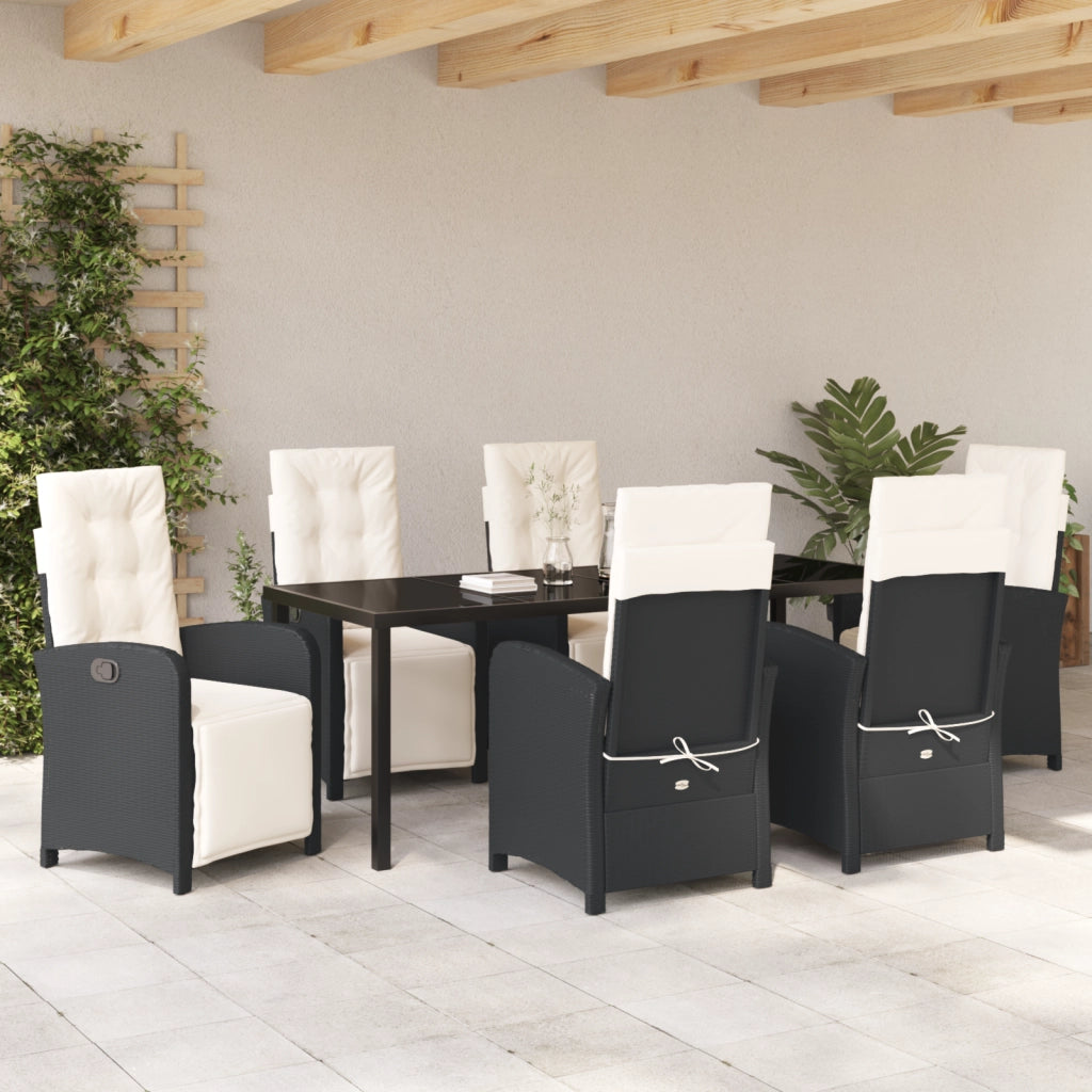 Set Pranzo Giardino 7 Pezzi con Cuscini in Rattan Sintetico Nero