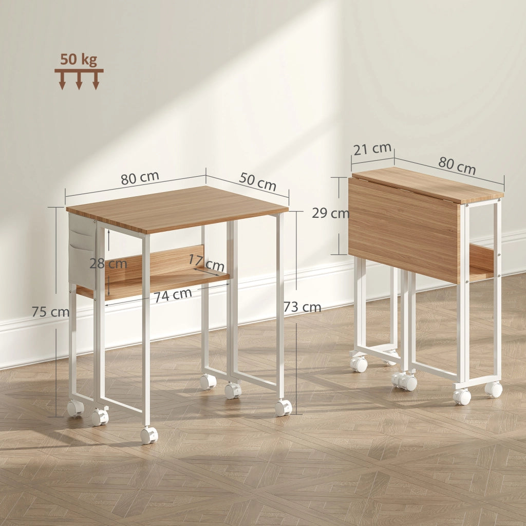 Scrivania Pieghevole con Ruote e Ripiano ¨C zephmum ¨C 80x50x75 cm Bianco e Naturale