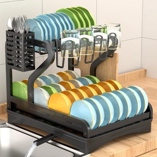 Asciugamani per asciugare - Asciugacapelli - Con rubinetto - Accessori cucina - 2 strati - 28D x 30B x 22H - Con contenitori per bicchieri - Nero