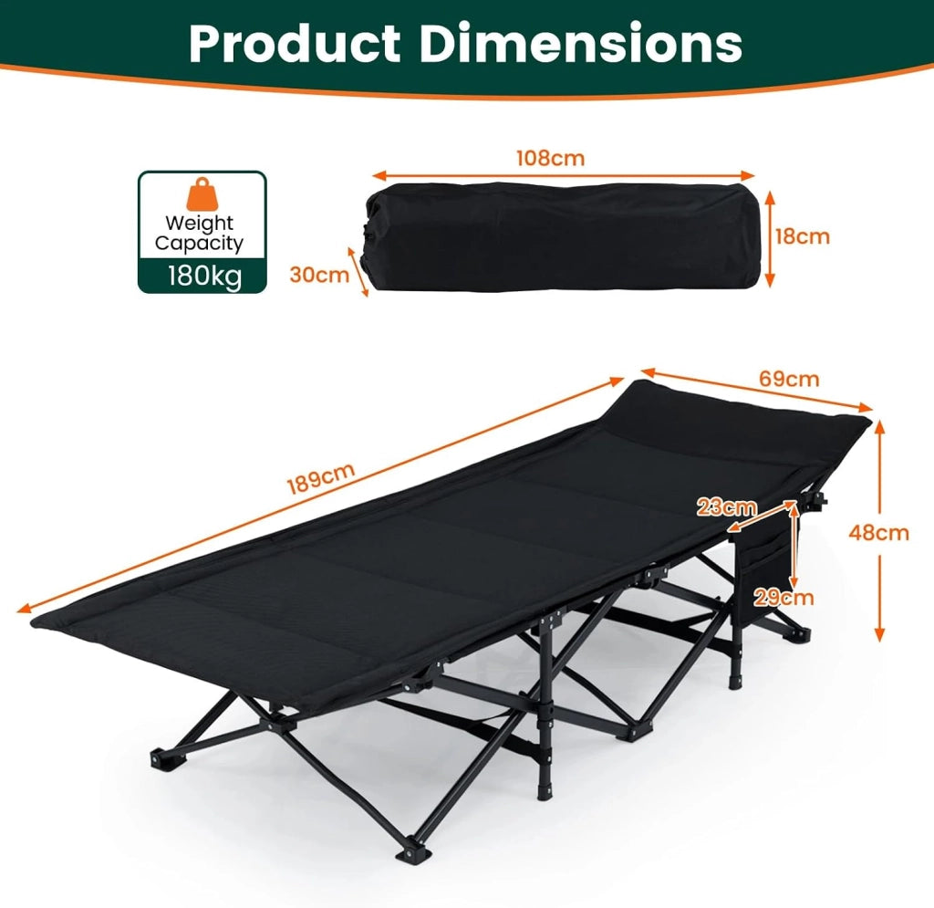 Letto da campeggio con borsa portaoggetti, letto da campo pieghevole con borsa laterale, letto esterno per 1 persona poggiatesta inclinato, carico di 180 kg, per viaggio, campeggio, 189 x 69