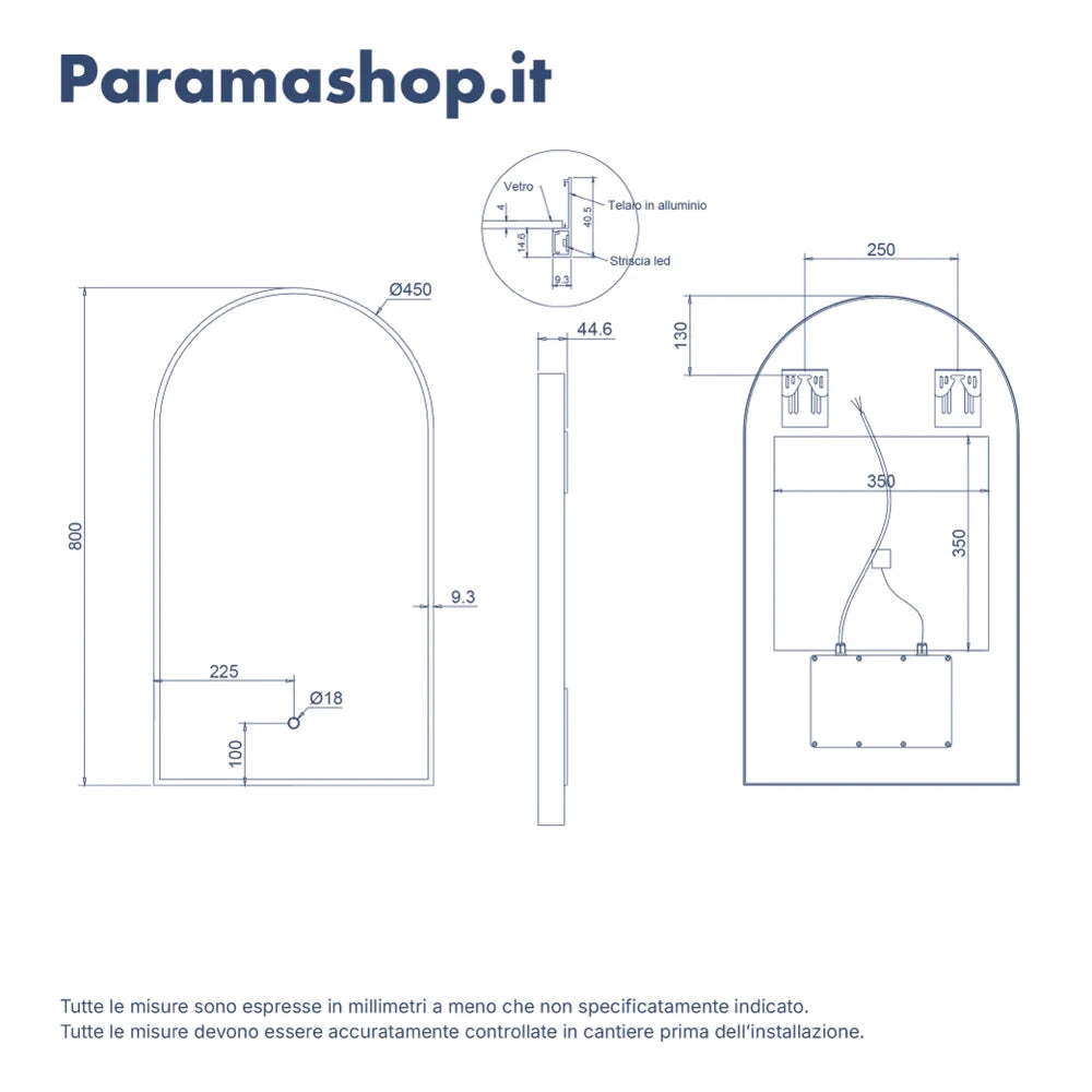 Specchio led retroilluminato 45x80cm con cornice nero opaco luce calda, neutra, fredda e anti-appannamento | Tarf