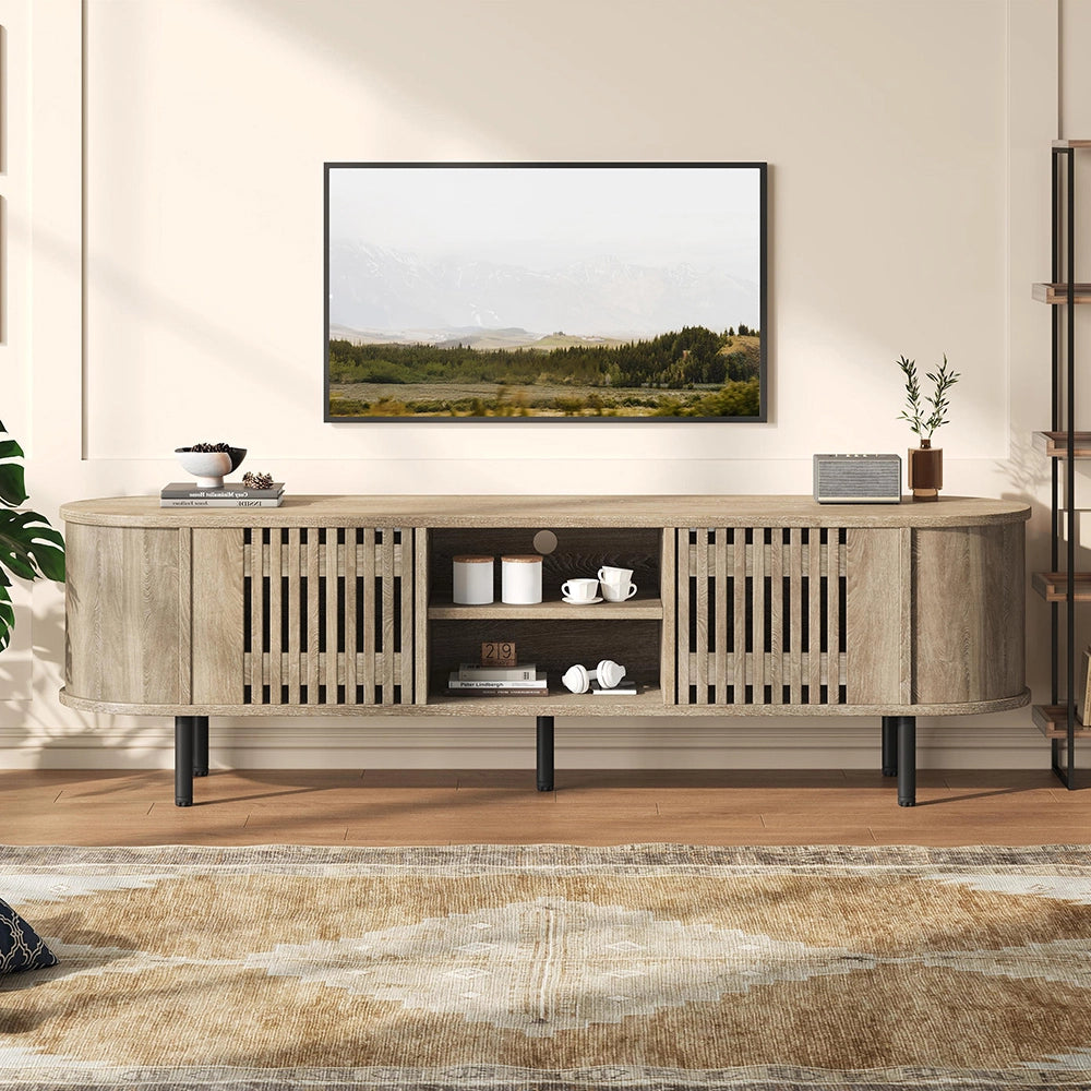 Mobile TV 160x40x47cm - Xylo - 2 Ante, Design Traforato, Colore Legno Naturale