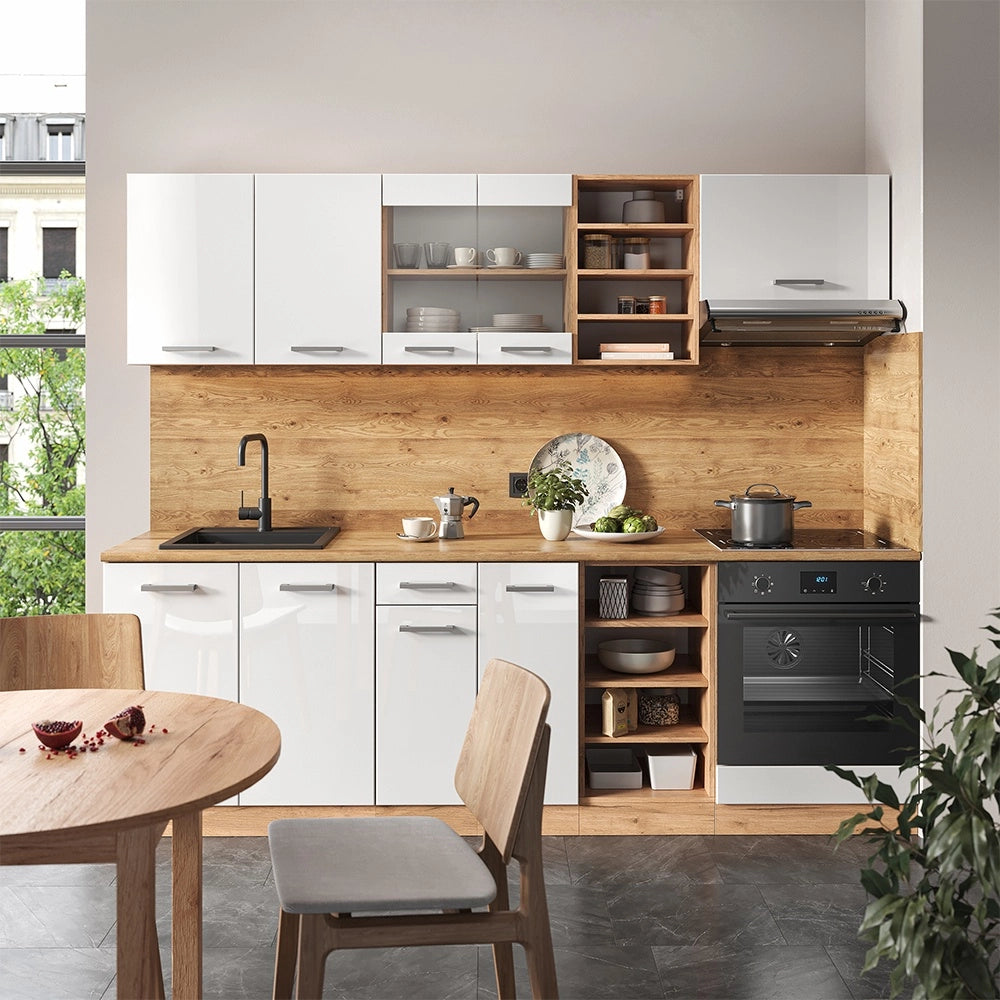 Cucina componibile R-Line Bianco lucido/Rovere dorato 240 cm senza piano di lavoro Vicco