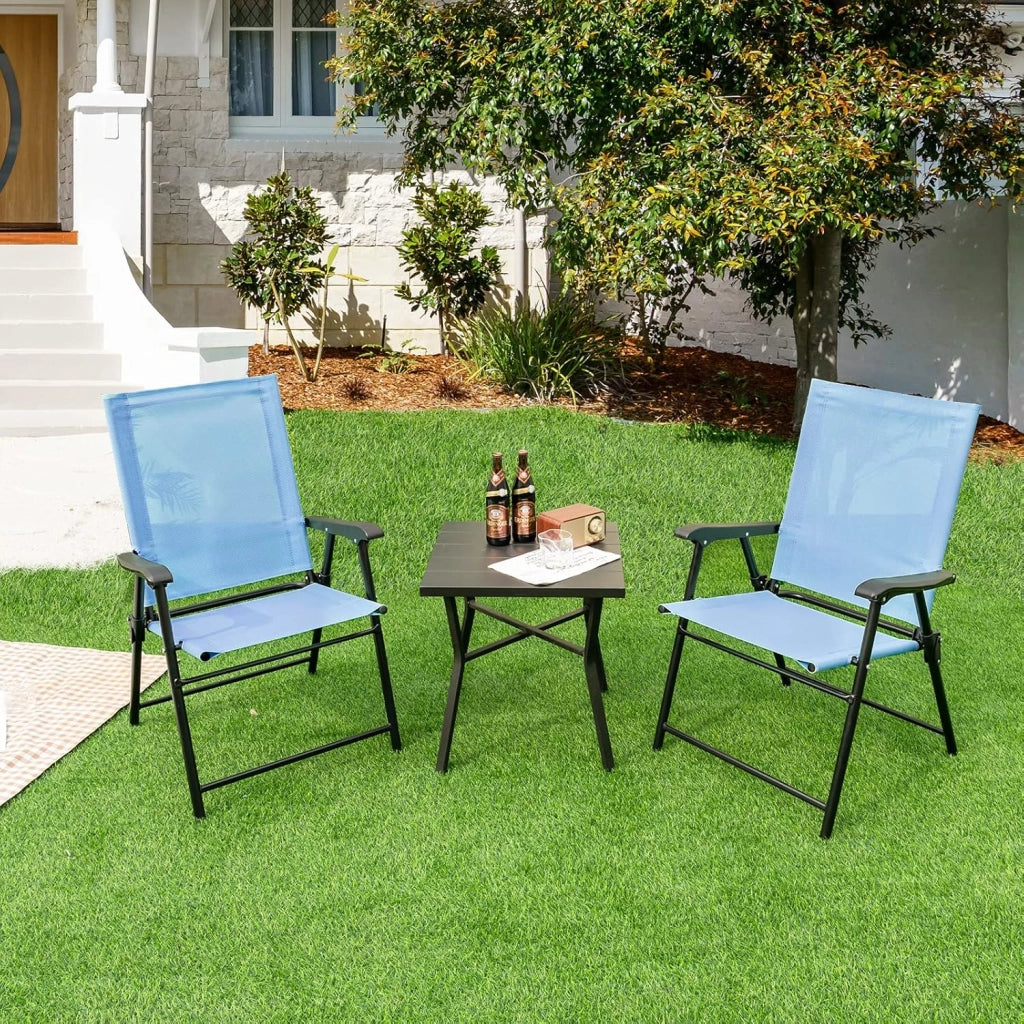 Set di 4 sedie da giardino pieghevoli, pieghevoli, con schienale alto e bracciolo, resistenti alle intemperie, in metallo e tessuto, portata fino a 150 kg (azzurro)