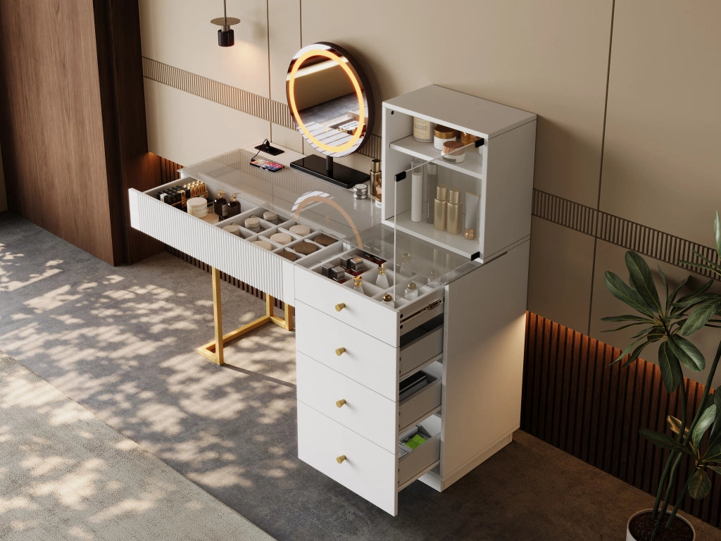 Tavolo da toeletta con specchio LED; piano vetro temperato; 5 cassetti e 1 mobiletto; Bianco; B120×P40×H120cm