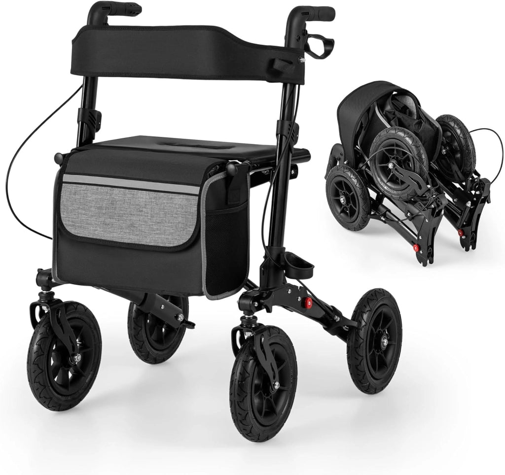 Deambulatore Pieghevole per Anziani in Alluminio, Rollator Regolabile in Altezza con Seduta, Schienale e Freni, Girello per Anziani con Borsetta, Carico Massimo 140 kg (Argento)