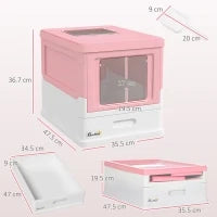 Lettiera per Gatti Chiusa in PP a 2 Porte con Paletta e Vassoio Estraibile, 47.5x35.5x36.7 cm, Rosa e Bianco