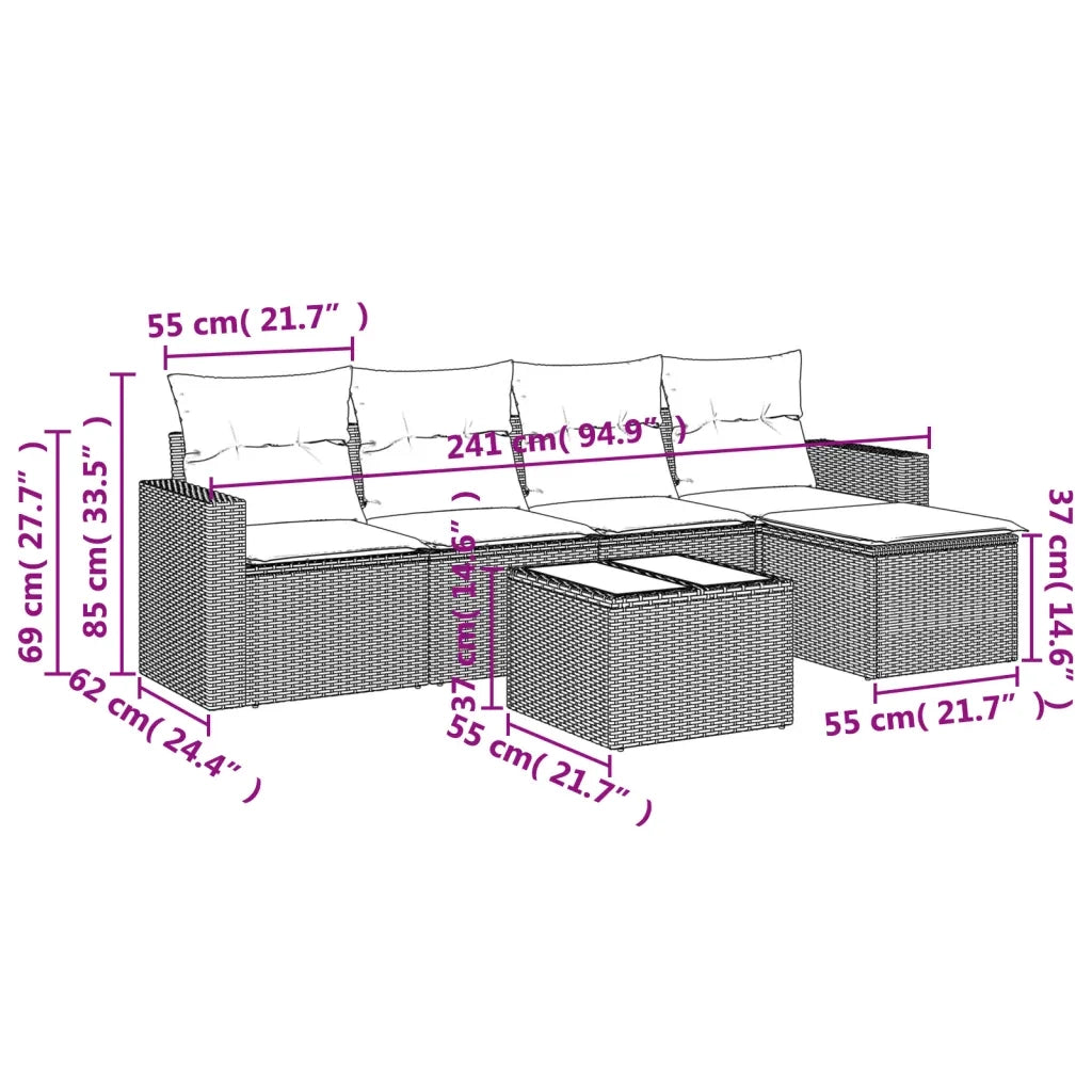 Set Divano da Giardino 6 pz con Cuscini Grigio in Polyrattan