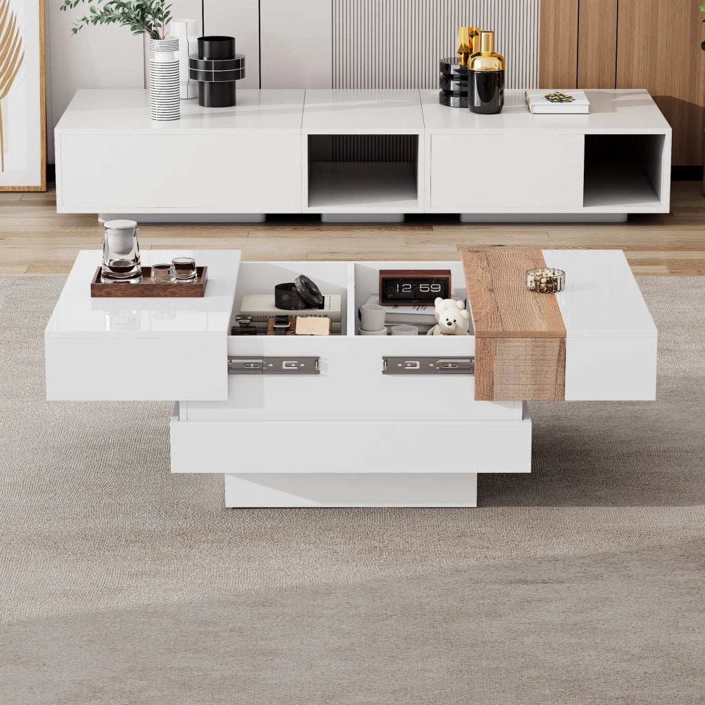 Tavolino Da Salotto Quadrato con Piano Scorrevole; Vano Contenitore Nascosto a 2 Scomparti; Bianco Lucido; in Pannello Truciolare; 70×70×39 cm