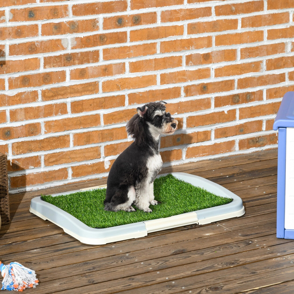 Lettiera per Cani 3 Strati con Prato Sintetico 63x48,5x6 cm con Griglia e Vassoio Inferiore Blu-grigio Bianco e Verde