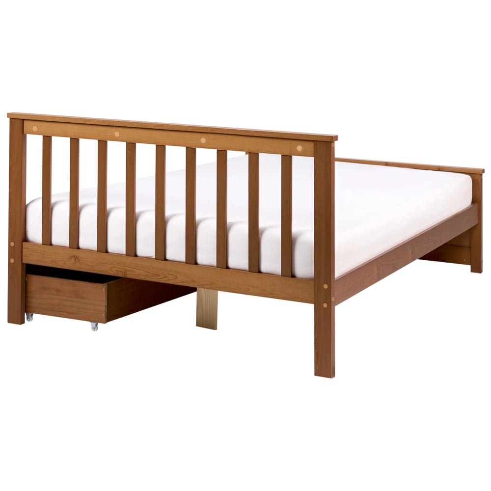Letto matrimoniale in legno di Pino marrone con contenitore e 2 cassetti 120 x 200 cm Testiera a doghe minimalista