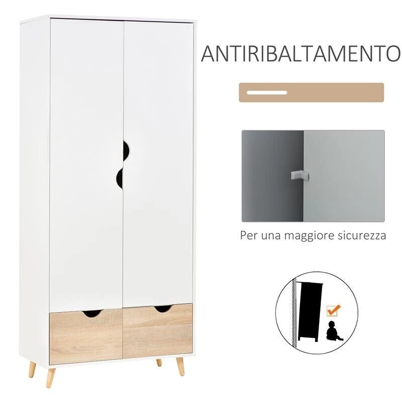 ARMADIO A DUE ANTE IN LEGNO CON 1 RIPIANO E 2 CASSETTI CON MANIGLIE BIANCO