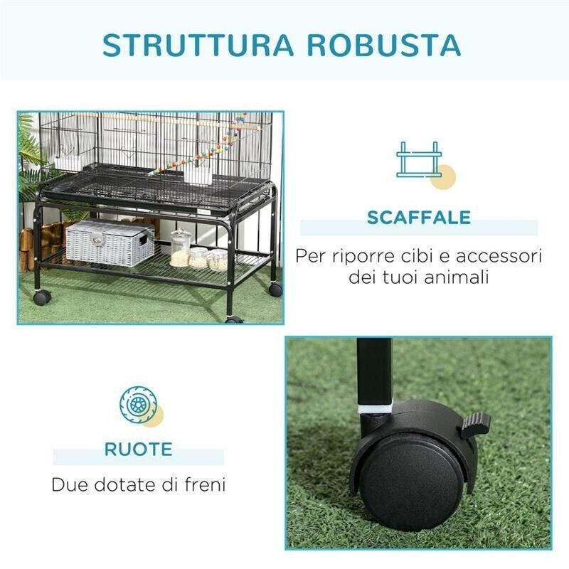 GABBIA PER UCCELLI IN ACCIAIO CON POSATOI, GIOCHI, CONTENITORI PER CIBO E VASSOIO, 79X49X133 CM, NERO