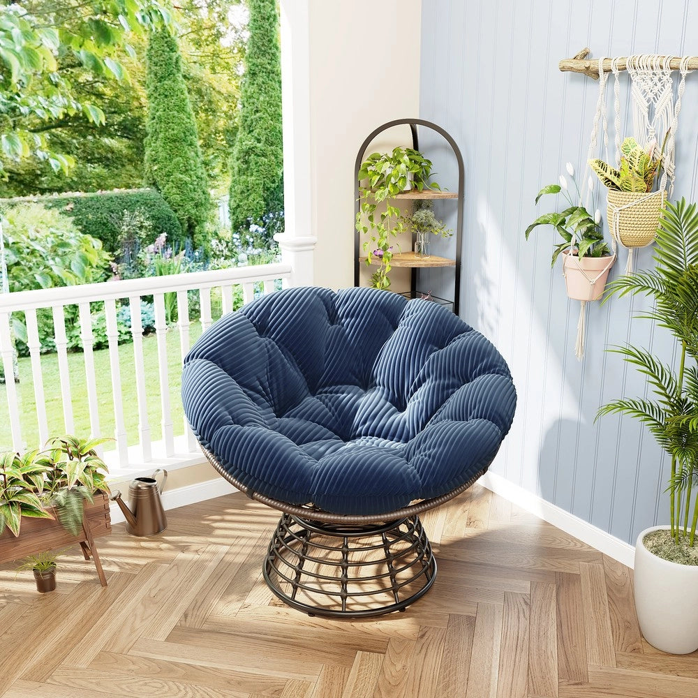 Poltrona Papasan Girevole ¨C Xylo ¨C Vimini e Rattan, Cuscino Blu, Struttura Marrone