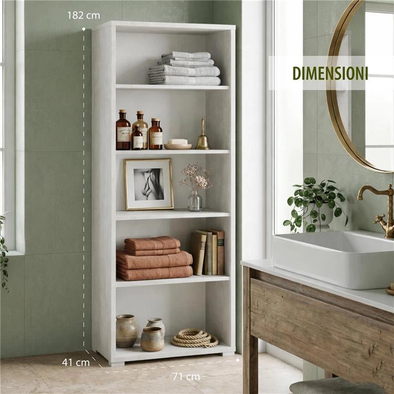 LIBRERIA A GIORNO DA ARREDO IN LEGNO CON 5 RIPIANI 182X71X41 CM COLORE OSSIDO BIANCO