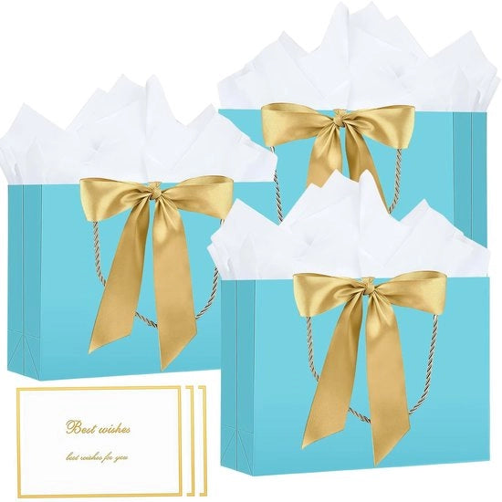 Pacchi di regali con maniglie - 3 confezioni di sacchetti di carta medi - Incluso 6 fogli di carta vetrata - 3 cartoline di auguri - Ideale per compleanni/matrimoni - Dimensioni 28x20x10 cm - Confezione da regalo
