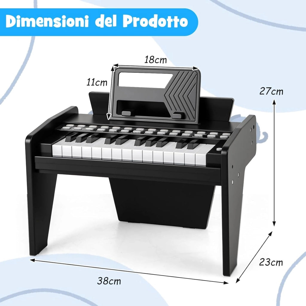 Tastiera Pianoforte per Bambini a 25 Tasti, Mini Pianoforte Digitale Giocattolo, con Velocità e Volume Regolabili, Tasto Luminoso e Leggio, Modalità Didattica, per 3+ Anni (Nero)