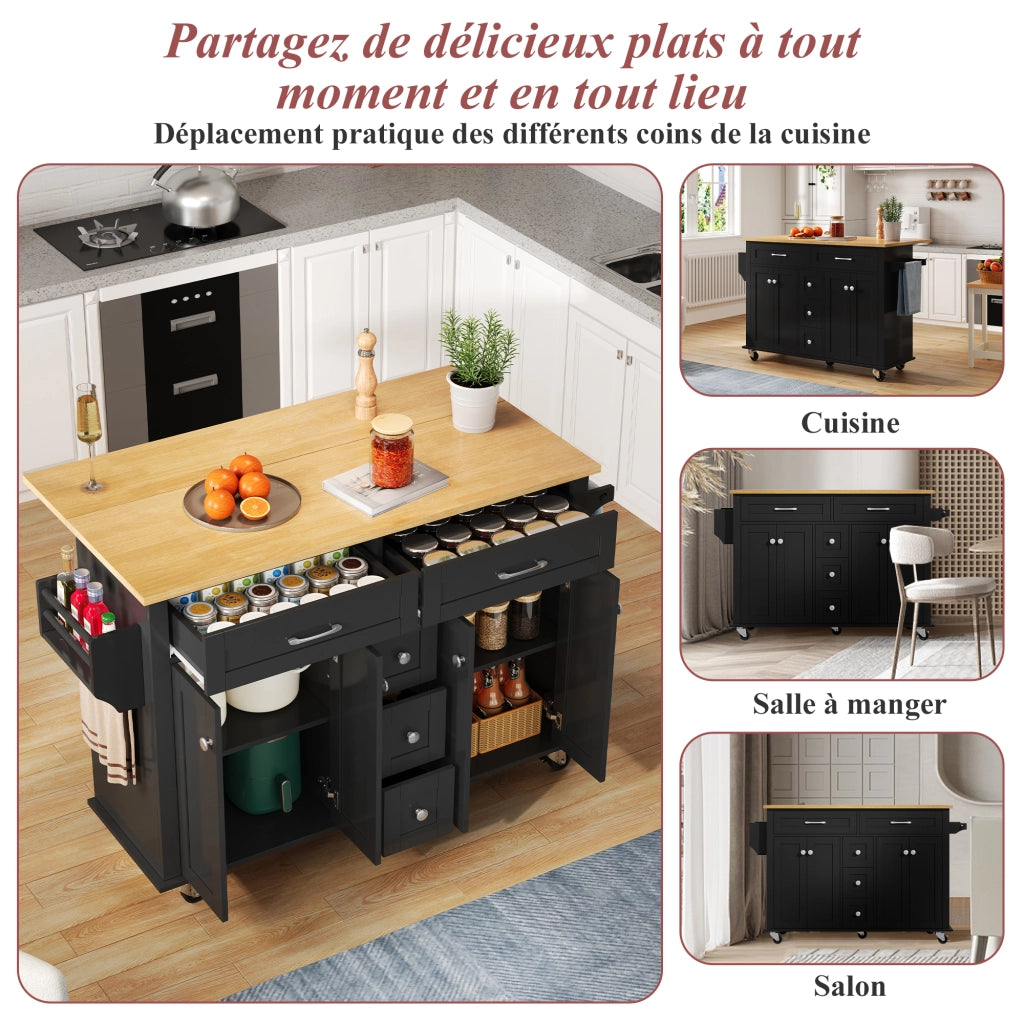 Carrello da Cucina con 5 Cassetti; 2 Armadietti; Piano Pieghevole e Ruote; MDF; Nero Naturale; 140 x 40 x 89 cm