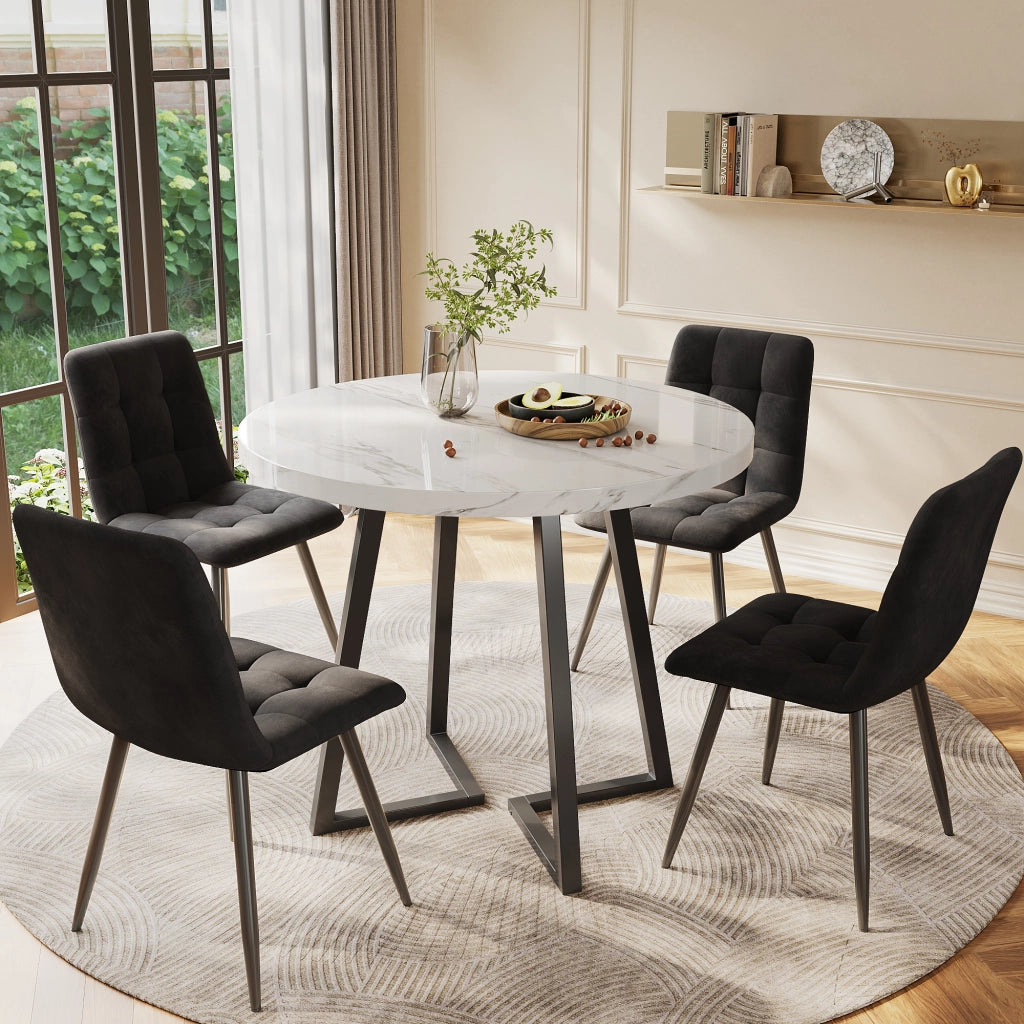 Tavolo da pranzo per 4 persone con 4 sedie in velluto, piano rotondo in MDF, per cucina, 80 cm, multicolor
