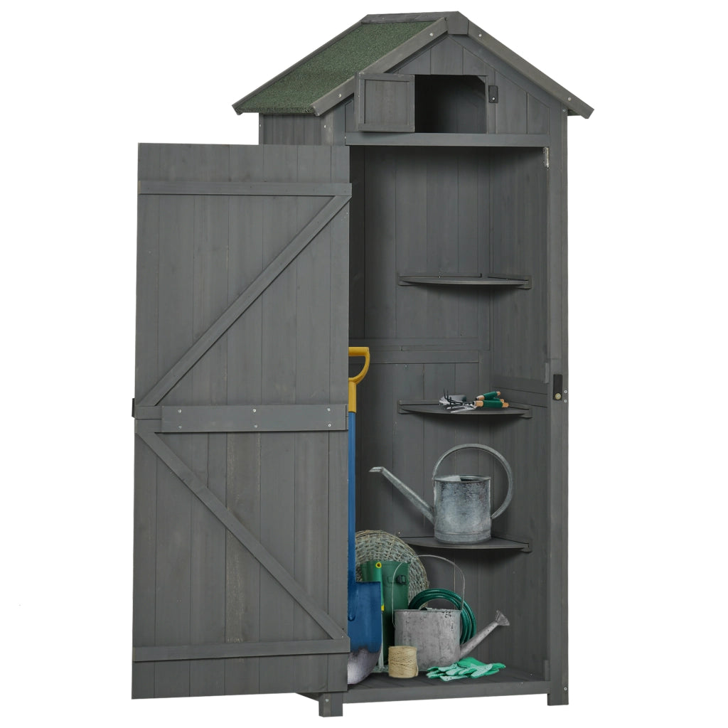 Armadio da giardino in legno con 3 ripiani removibili, tetto impermeabile e finestra, grigio, 77 × 54,2 × 179 cm
