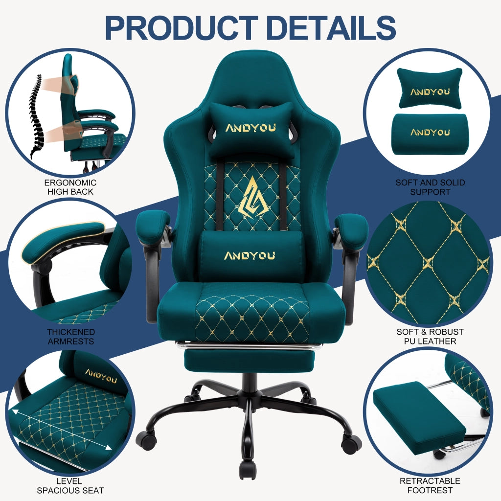 Sedia da Gaming Racing ¨C zephmum ¨C Pelle Scamosciata, Regolabile, Blu Navy