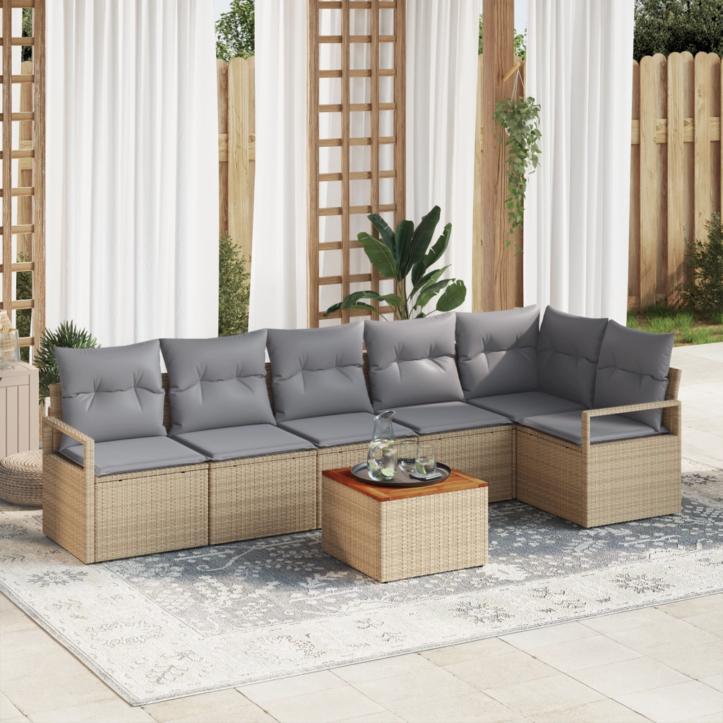 Set di Divano da Giardino  a 7 Pezzi con Cuscini Beige Rattan Acacia