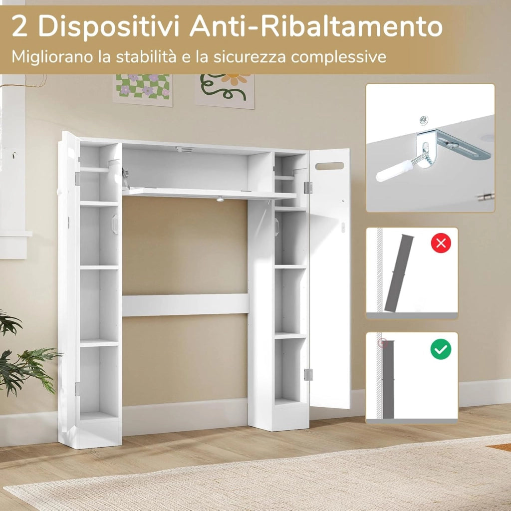 Mobile Sopra Lavatrice da Bagno, Armadietto su WC con Ripiani, Portarotoli, Porta con Apertura a Ribalta e Ripiani Regolabili, Mobile Salvaspazio in Legno con 2 Ante Laterali