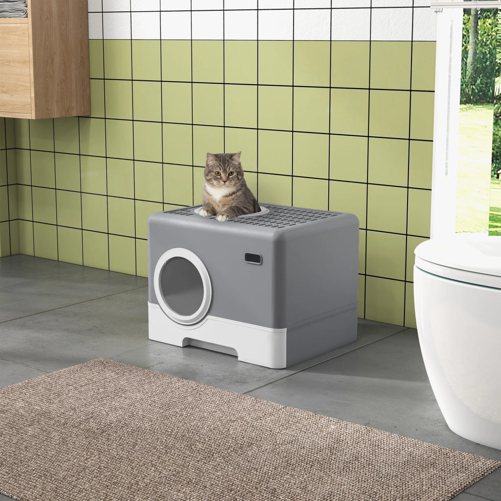 Lettiera per Gatti con Coperchio e Paletta. Doppio Ingresso e Vassoio Estraibile. 52x41x38.5 cm. Grigio