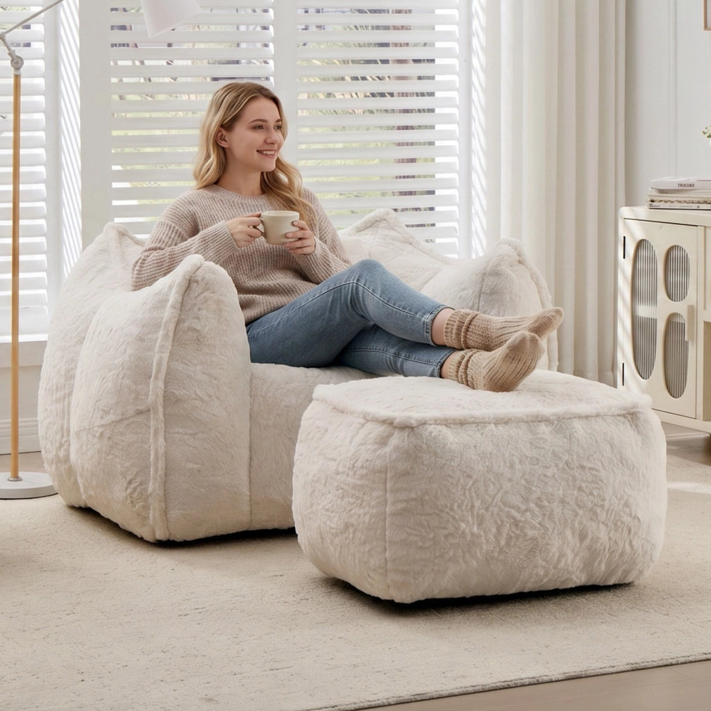 Poltrona Sacco Gigante con Pouf e Cuscino ¨C Xylo ¨C Tessuto Pelliccia Sintetica Beige