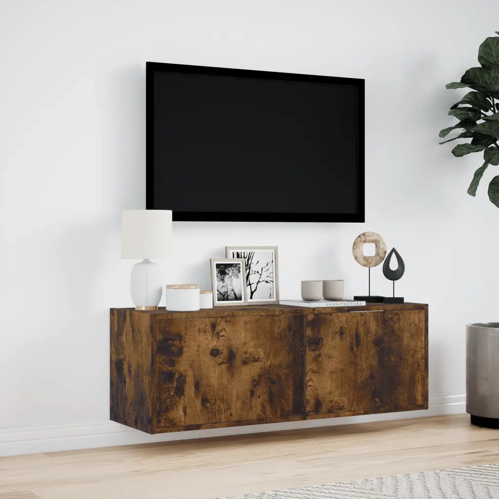Mobile TV a Parete con Luci LED Rovere Fumo 100x31x35 cm