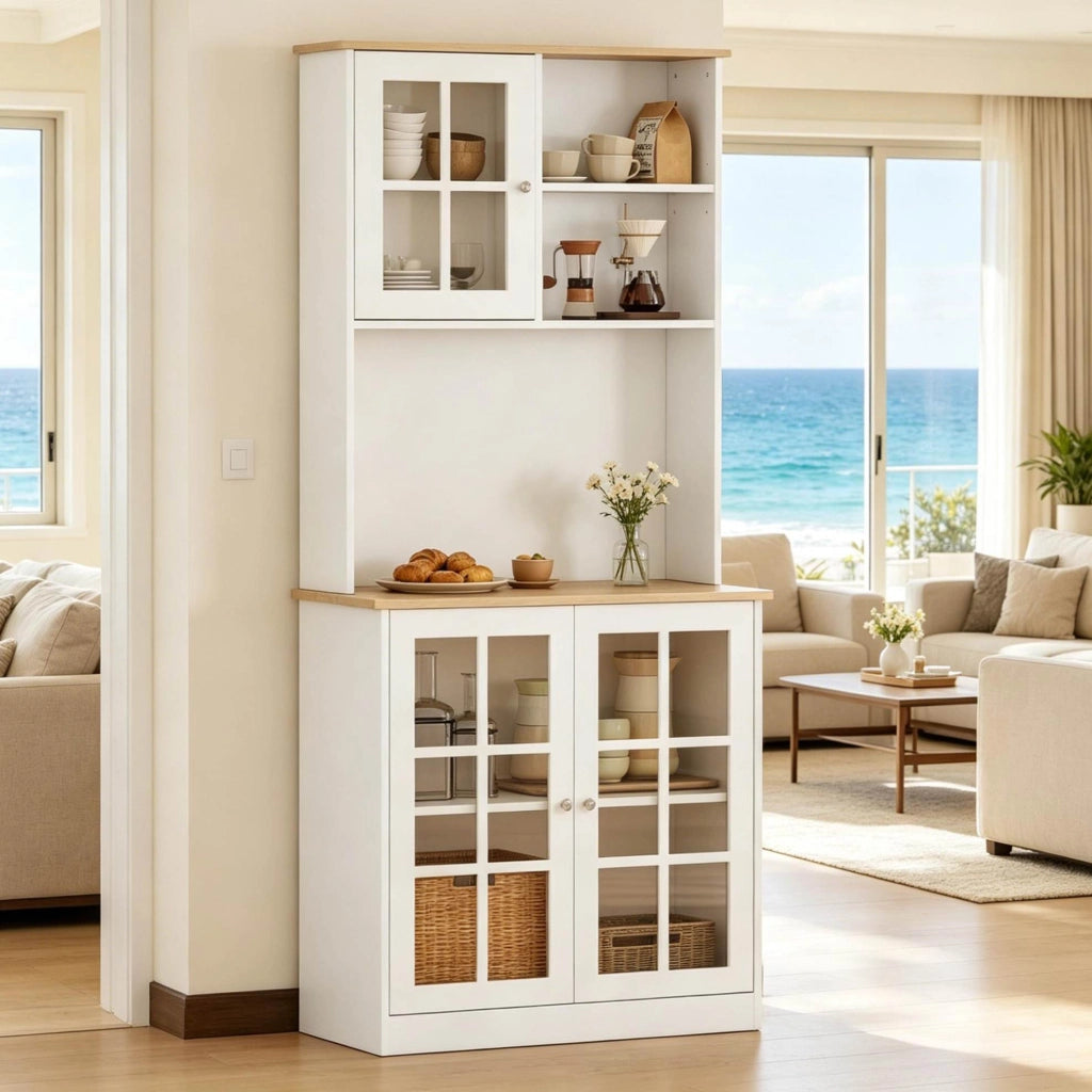 Credenza alta  80x37x183 cm bianco e rovere chiaro – vetrina, 1 collo