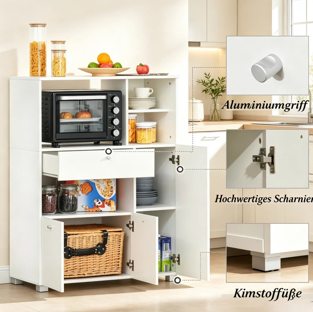 Mobile da cucina per microonde 90x40x120 cm bianco con 2 armadi; cassetto e 4 vani