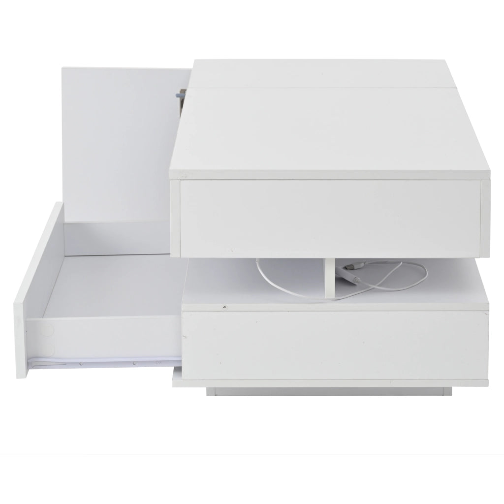 OKWISH Tavolino da Salotto Alzabile con 1 Cassetto e 1 Anta, LED e Vano Nascosto, per Soggiorno, 95 x 50 x 34.5 cm, Bianco