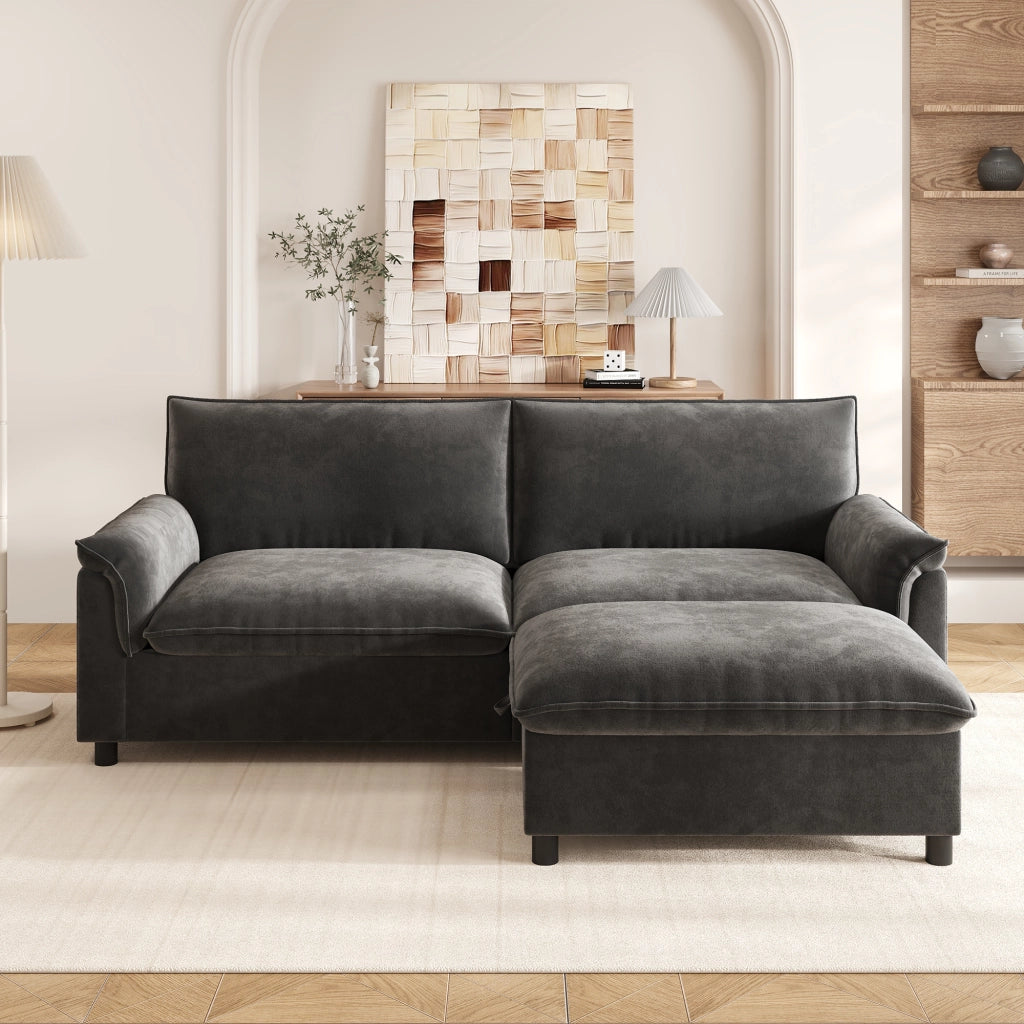 Divano modulare Cloud in chenille nero con pouf contenitore e funzione letto temporaneo