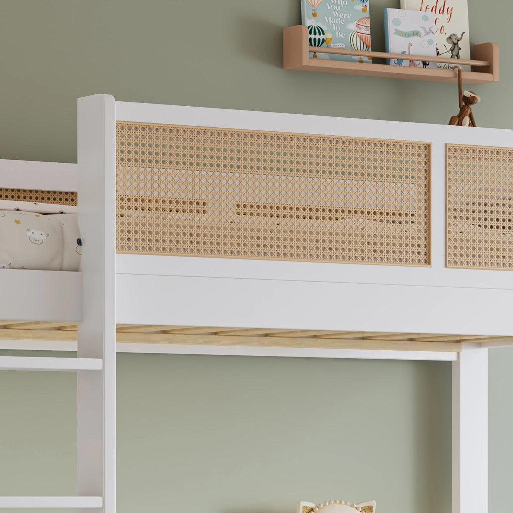 OKWISH Letto a Castello 90×200 cm, Letto Singolo con 3 Cassetti, Scala e Sponde di Sicurezza, senza Materasso, in Legno, Bianco e Naturale