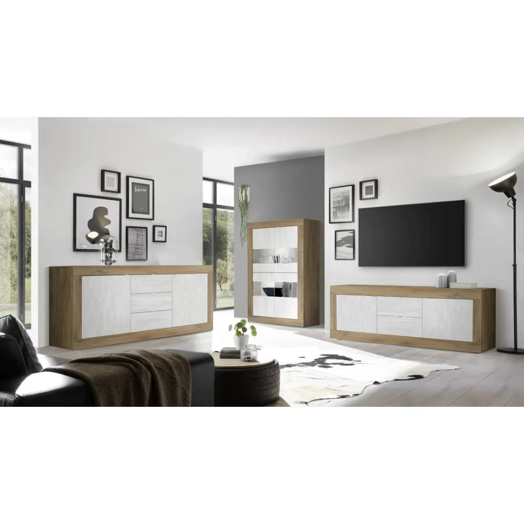 Vetrina design 4 porte collezione ACCESS. Colori bianco e rovere scuro