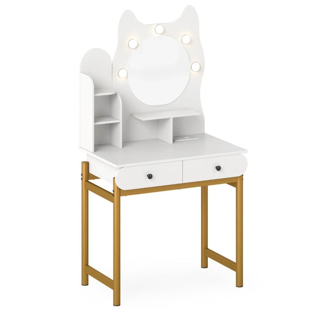 Toeletta a forma di gattino con specchio e luci tavolo trucco, Toeletta stazione di ricarica integrata Bianco-Tavoli da trucco