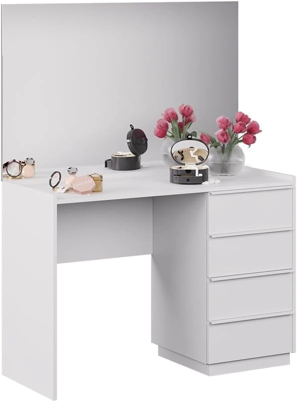 Tavolo da toeletta Viktoria, Bianco, 110 cm con specchio, porta un tocco moderno all’ambiente