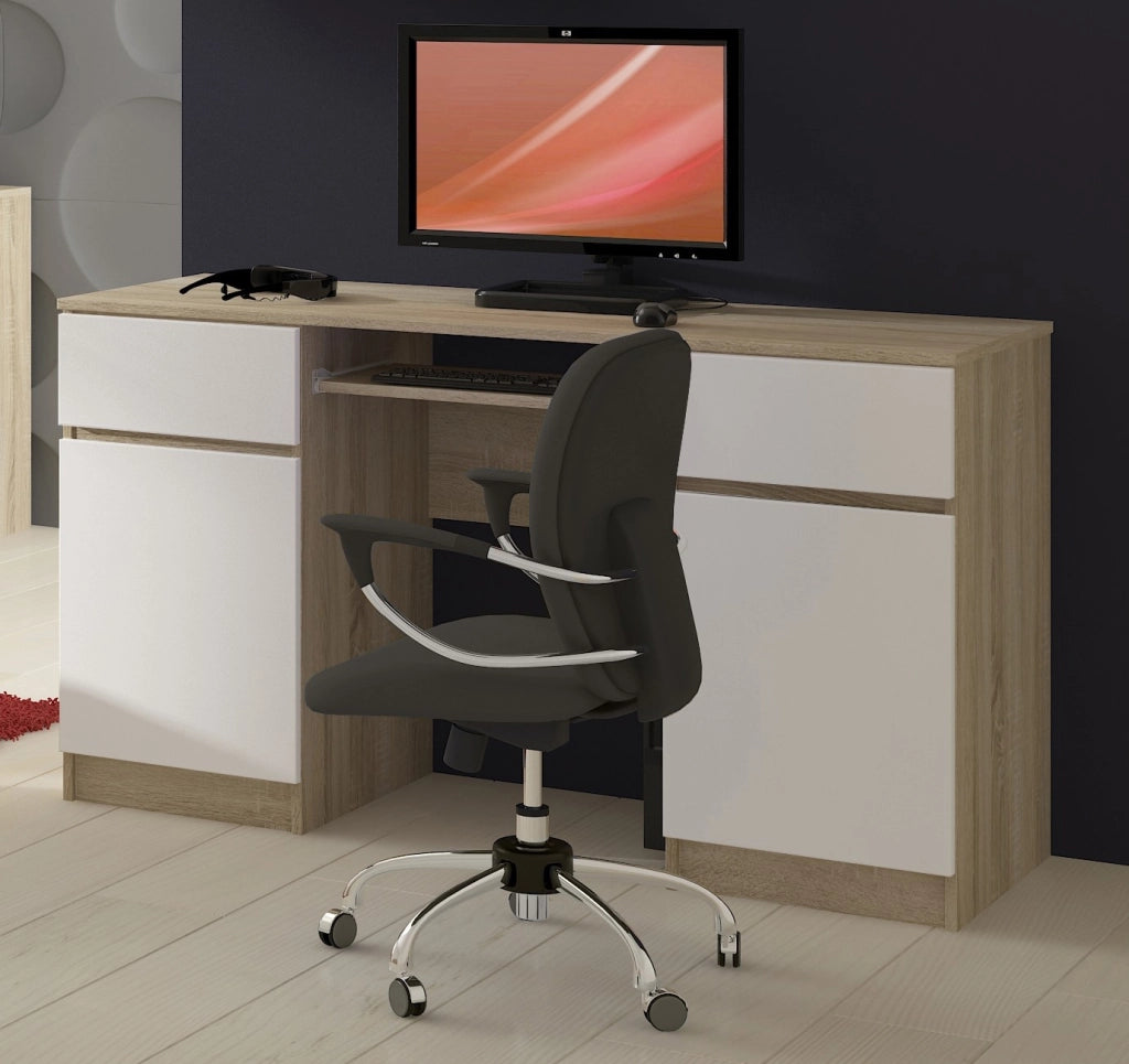 Scrivania per computer AKORD A5 Sonoma Quercia 135 cm 2 ante 2 cassetti inserto frontale Bianco 135x50x77 cm