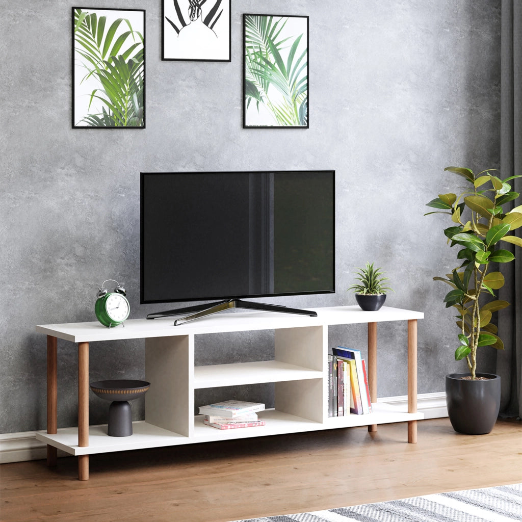 Mobile Basso Porta TV 'Ærøskøbing' con Scomparti Aperti e Gambe di Faggio - Bianco [en.casa]