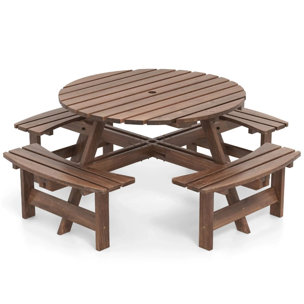 Tavolo da picnic rotondo e 4 panche curve 110 x 70 cm per uso esterno creano un'atmosfera conviviale e accogliente realizzati in legno marrone 20_0011990