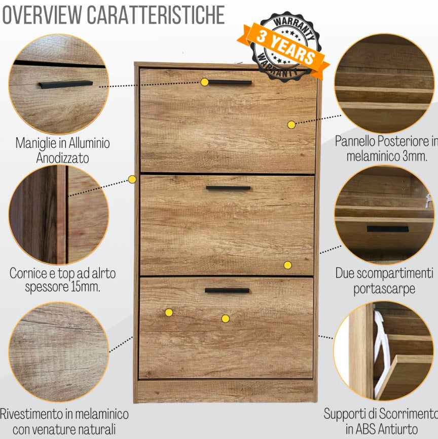 Scarpiera Salvaspazio 3 Ante a Ribalta 60x24x120h cm in Melaminico Venato a Rilievo Rovere