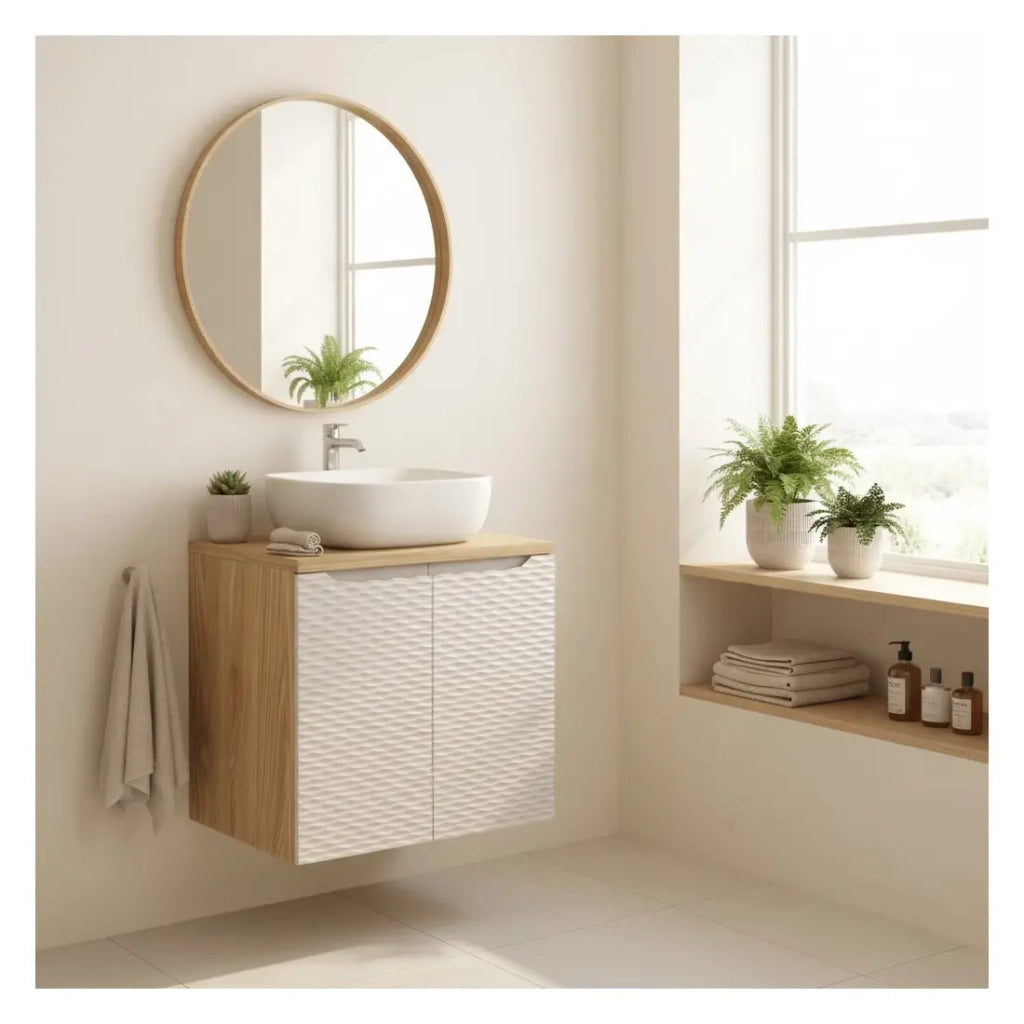 Set da bagno YOKA beige: mobiletto sotto lavabo con armadietti 60 cm + piano lavabo + lavabo da appoggio