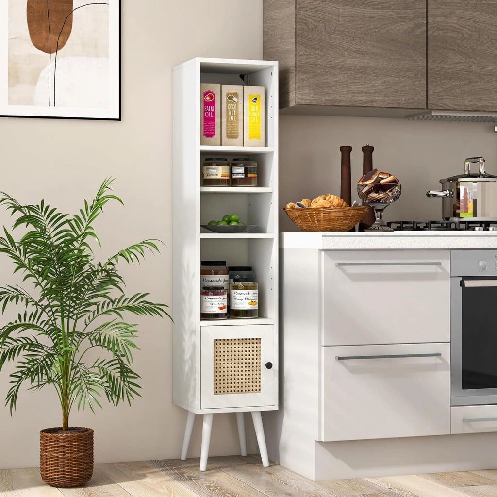 Armadio autoportante con anta in rattan, mobile a colonna con ripiano regolabile, libreria a piedi con dispositivo anti-ribaltamento, per soggiorno, sala studio (bianco)