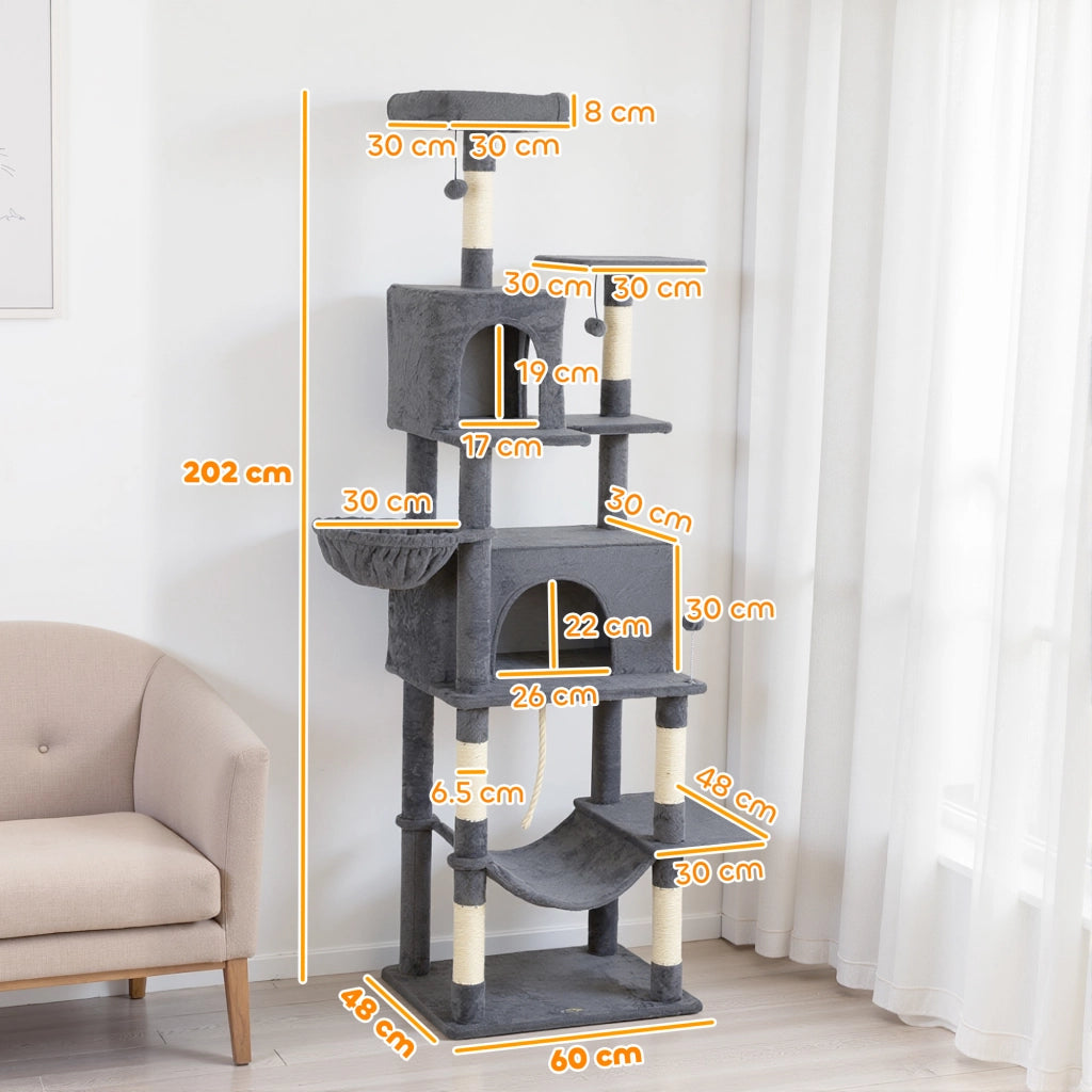 Albero Tiragraffi per Gatti Alto 202 cm con 6 Pali in Sisal Casette Amache e Lettino Grigio