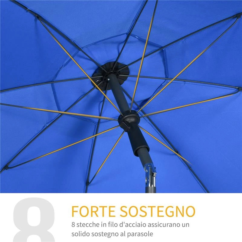 OMBRELLONE DA SPIAGGIA 1.8X2 M CON RECLINAZIONE A 45 E 8 STECCHE POLIESTERE E ACCIAIO BLU