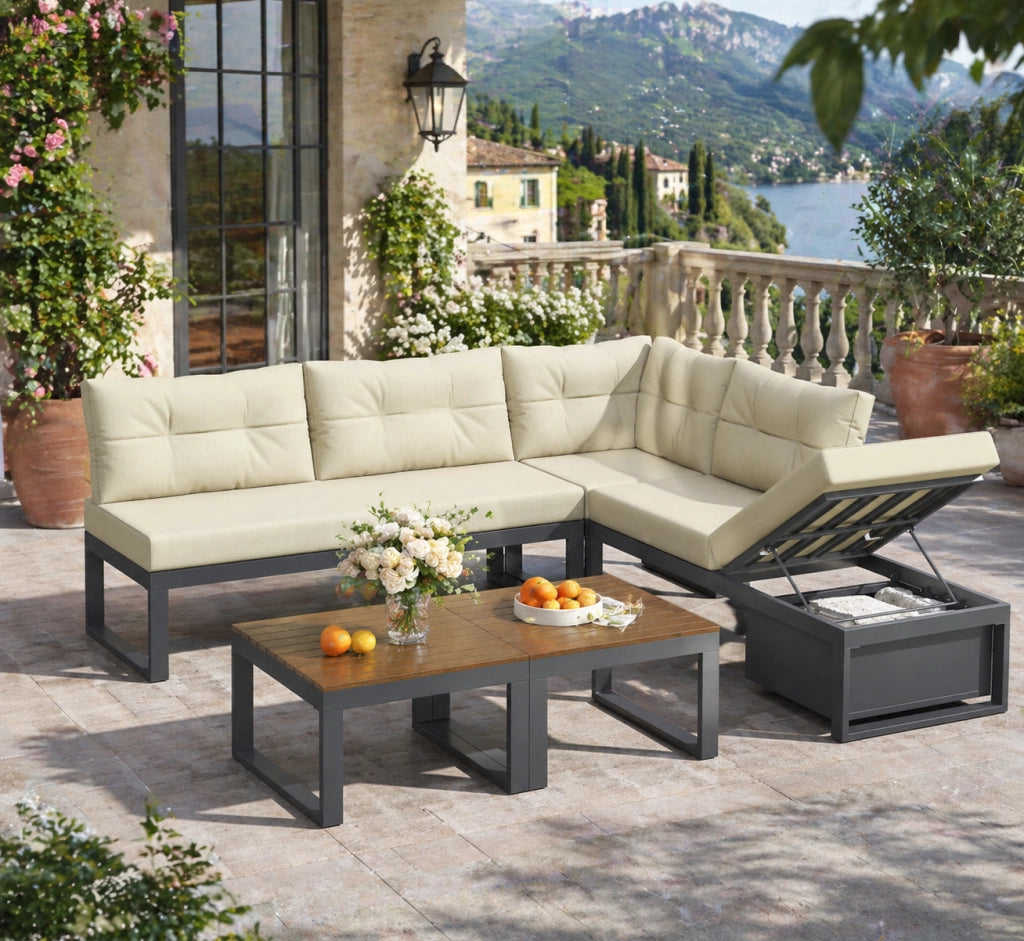 Set di divani da giardino modulare con schienale regolabile a 3 posizioni, contenitore e struttura in ferro verniciato beige