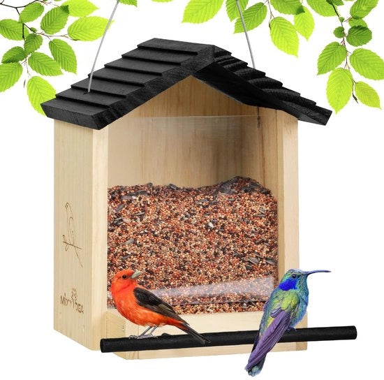 Hangare per uccelli in legno per esterno, cassetta alimentare resistente alle intemperie con tetto nero, grande cassetta alimentare per giardino, 23 x 22 x 27 cm