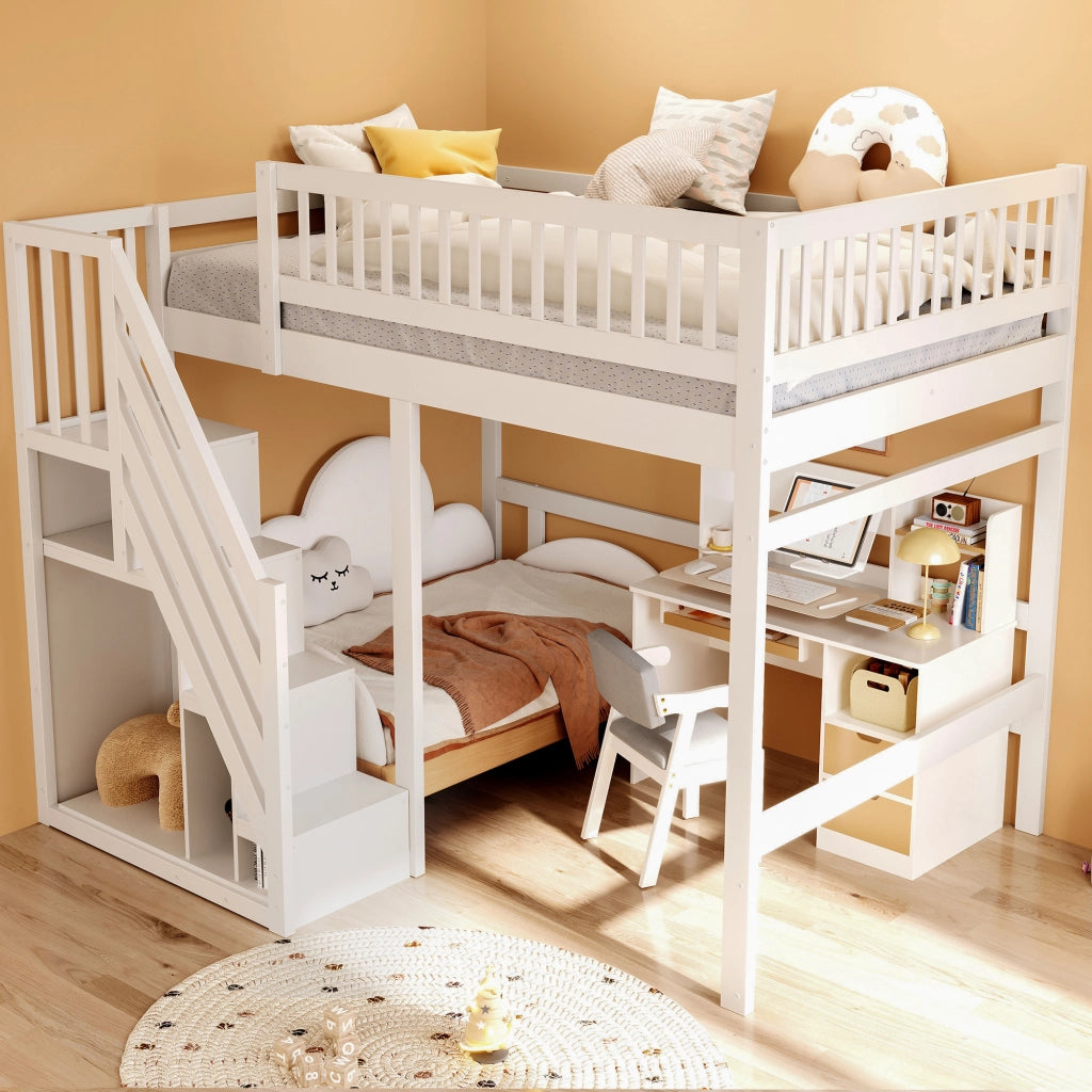 Letto a castello in legno bianco con scala a scomparti e parapetto alto 140x200 cm