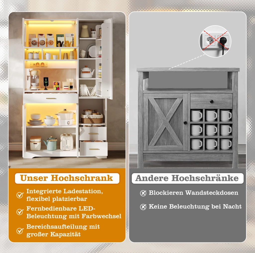 Mobile buffet da cucina 105 x 40 x 185 cm in MDF bianco con LED a cambio colore; prese e USB